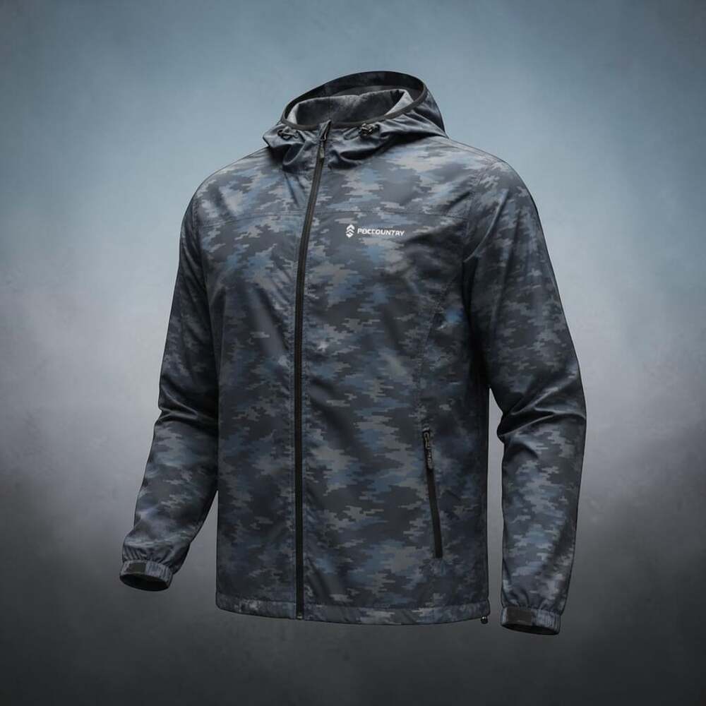 Free Country Men’s XL Digital Camo Hooded Jacket Windbreaker Blue Camo Zip Up